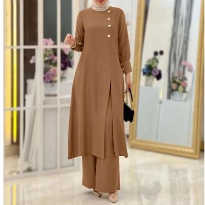Ramadan Women Eid Muslim Two Pieces Set Split Blouse Pant Musulman Ensemble Button Shirt Pants Matching Sets
