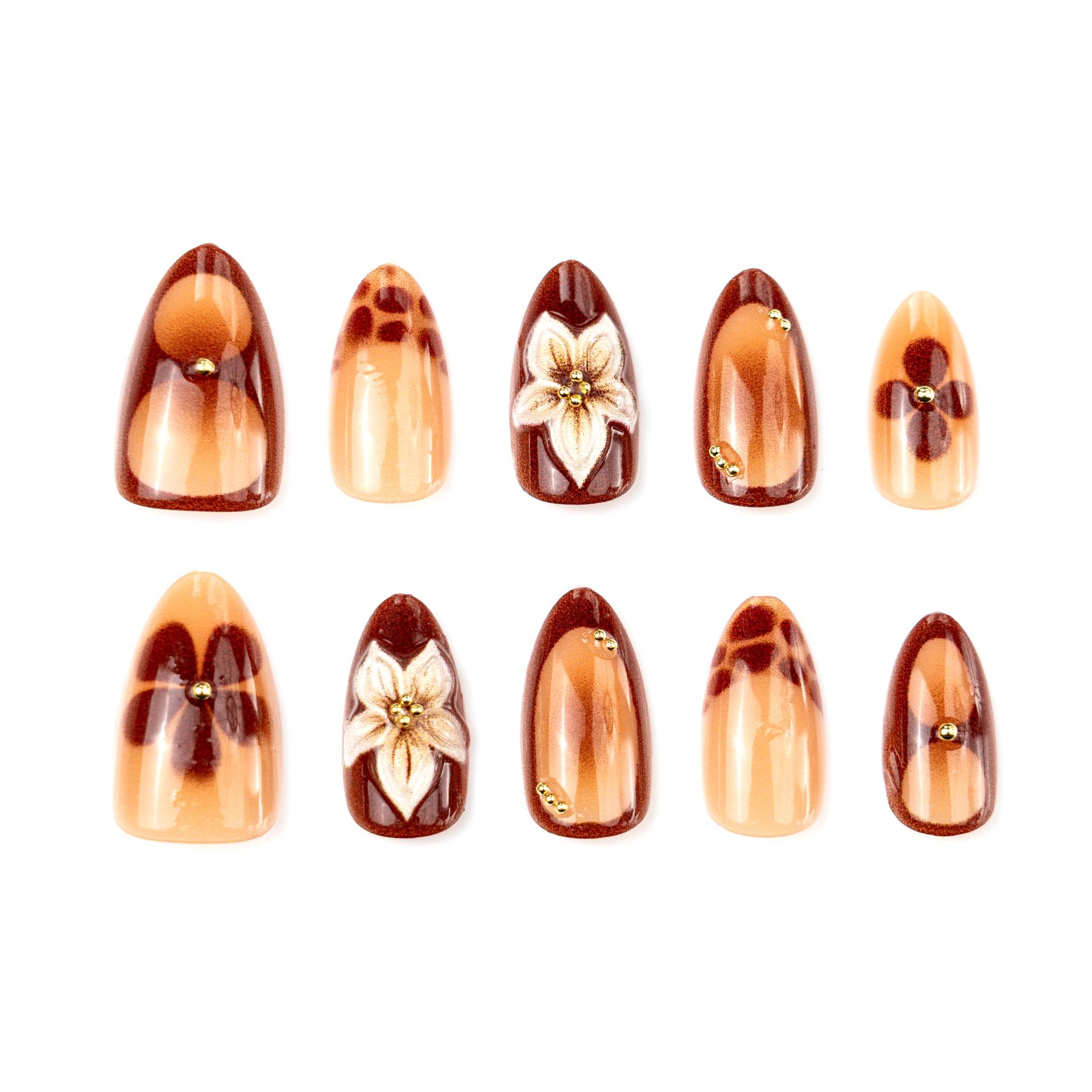 

30 Pieces 3D Three-dimensional Brown Flower Almond Wearing Nail Smudge Advanced Brown French Nail Art