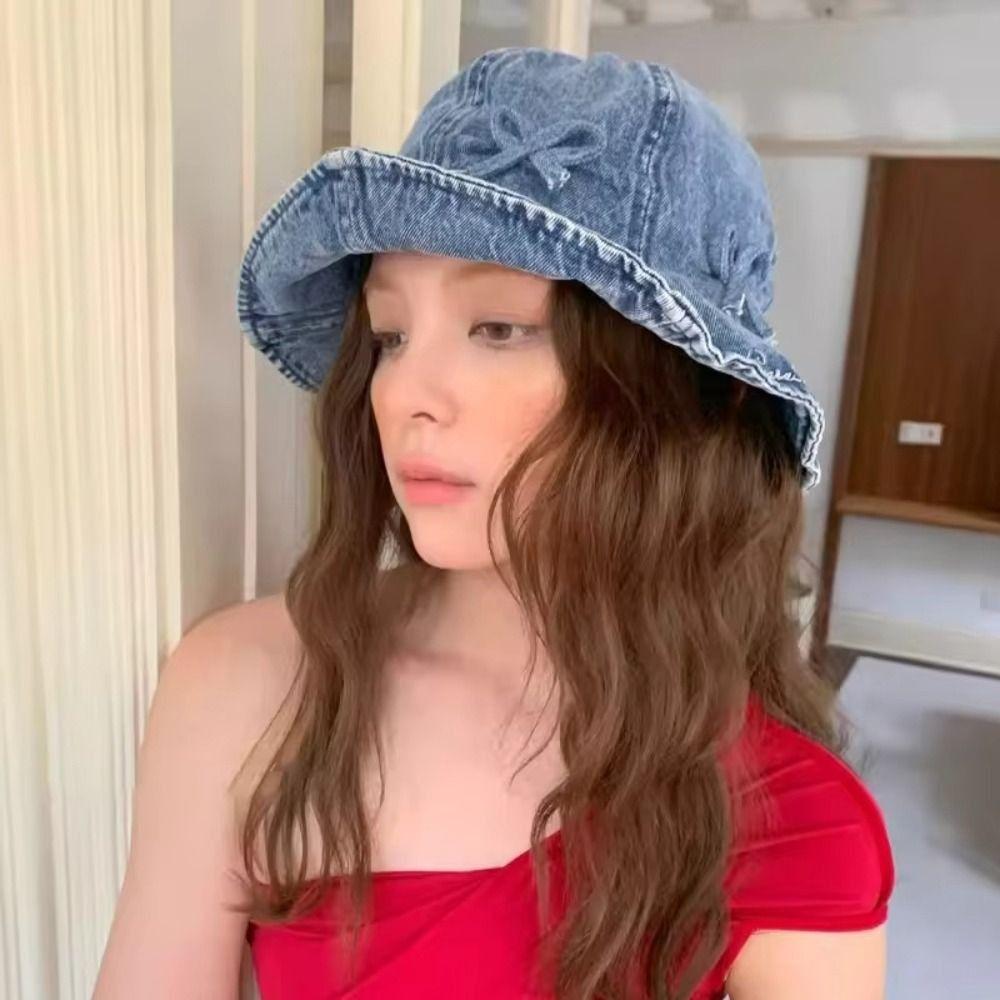 Bowknot Denim Bucket Hats Sweet Basin Caps for Men Cute Sunscreen Hat For Women