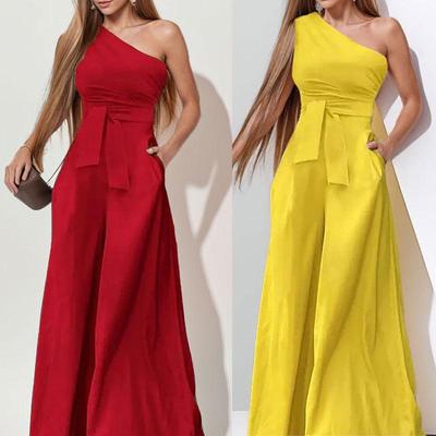 Damenbekleidung 2026: Europäischer & Amerikanischer Frühling Ein-Schulter-Jumpsuit mit Bindegürtel und weitem Bein - Modischer Unifarbener und Trendiger Temperament