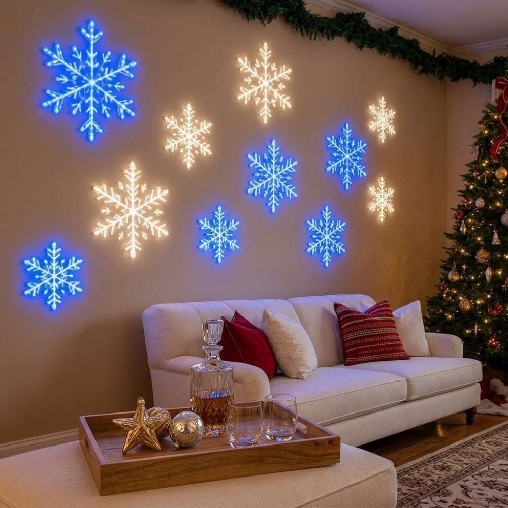 12Pcs White Snowflake Led Snowflake Wall Lights Xmas Wall Hanging Lights  Window Display