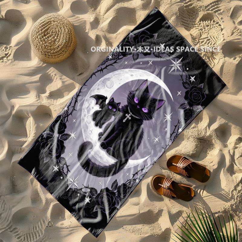 Gothic Moon Black Cat Beach Towel Patterned Sunscreen And Windproof Suitable For Swimming Pool Camping Travel