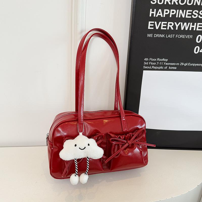Fashion Faux Leather Shoulder Bag with Cute Cloud Charm Handbag, Bow Accent Multi Pocket Design, Casual Underarm Purse for Daily