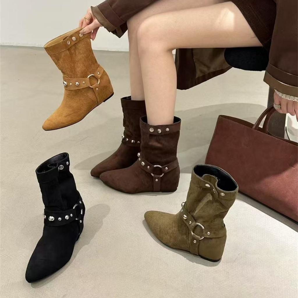 Inner Height Increasing Suede Western Cowboy Boots Women's Boots 2025 Autumn Pointed Brown Merad Liuding Martin Boots