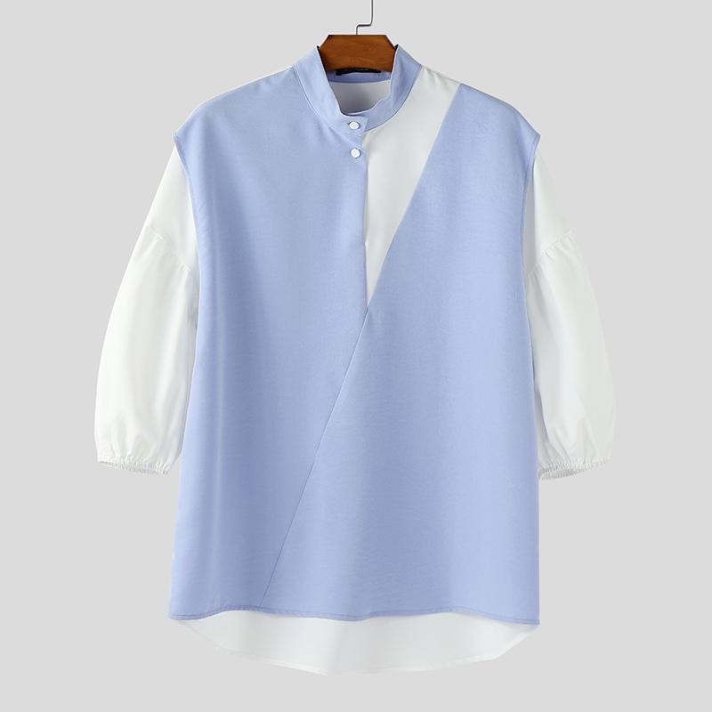 

INCERUN Мужские летние топы рубашки оверсайз со стойкой, рукавами 3/4 буф, пэчворк, повседневные 3XL синий