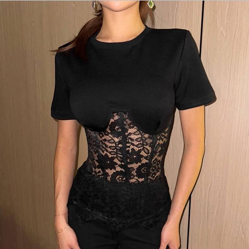Nuovo Top Corto Estivo da Donna Sexy con Scollo Rotondo, Pizzo Trasparente e Inserti