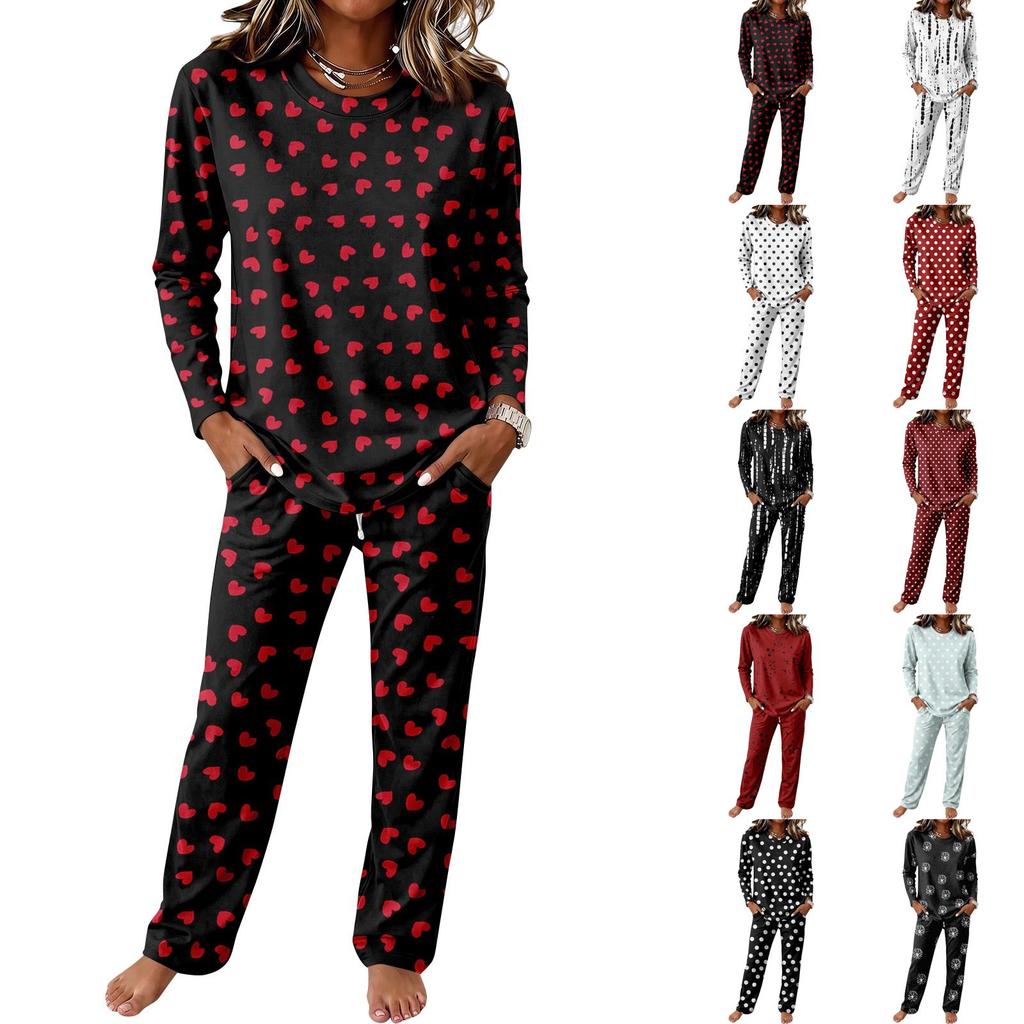 Dames Katoenen Pyjamaset met Ronde Hals Lange Mouwen Trekkoord Wijde Pijpen Broek voor Slapen en