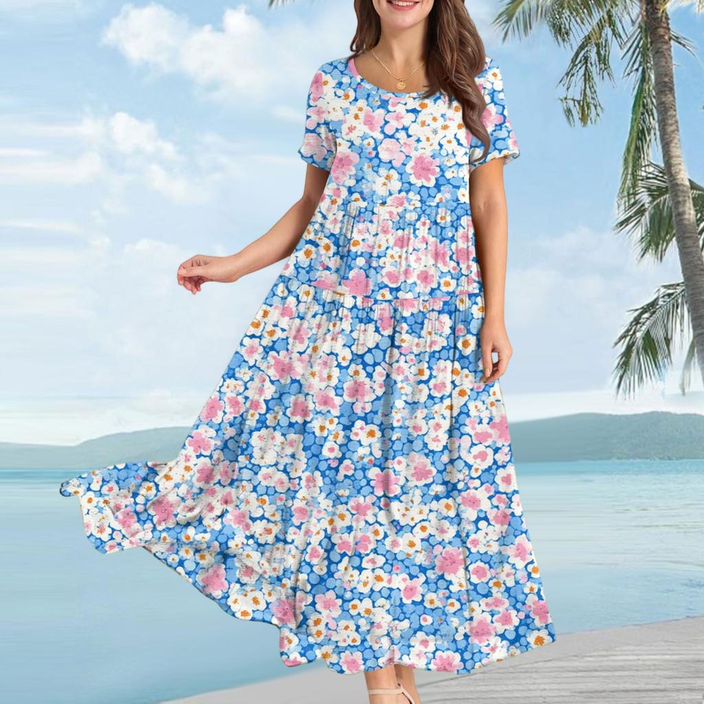 Women's Casual Loose Bohemian Floral Print Short Sleeve Dress