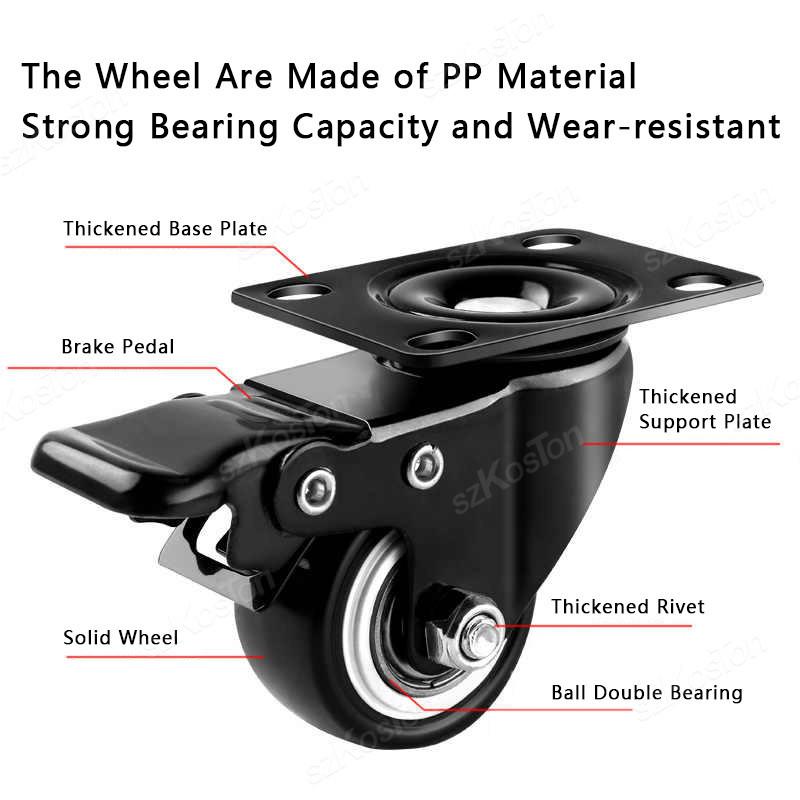 2pcs 1.5 inch 2inch Heavy Duty Black Swivel Castor Wheels Trolley Furniture Caster PP Material Flat Brake Gold Drill Caster
