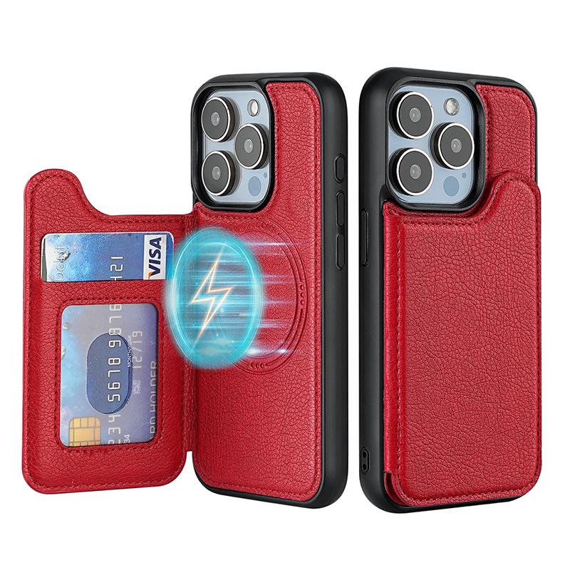 

Магнитный кожаный чехол-книжка для iPhone 15 Pro Max со слотом для карт MagSafe iPhone 13 Pro