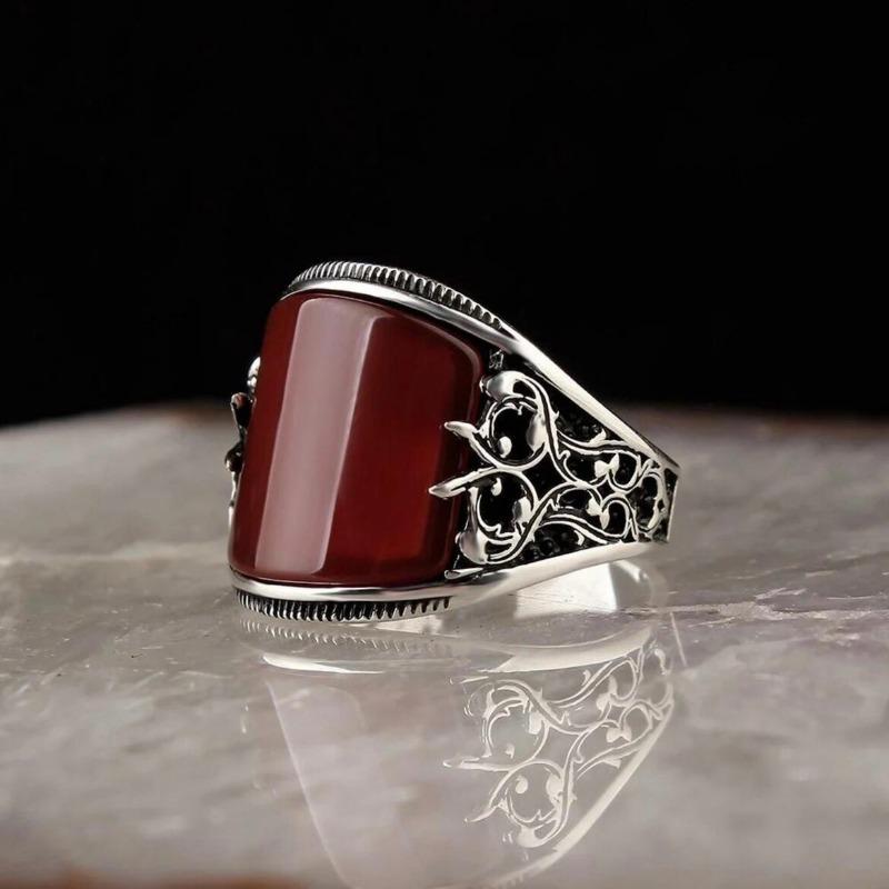 Wunderschöne silberfarbene Ringe für Damen, Blume, Hohl, Rund, Roter Stein, Partygeschenk
