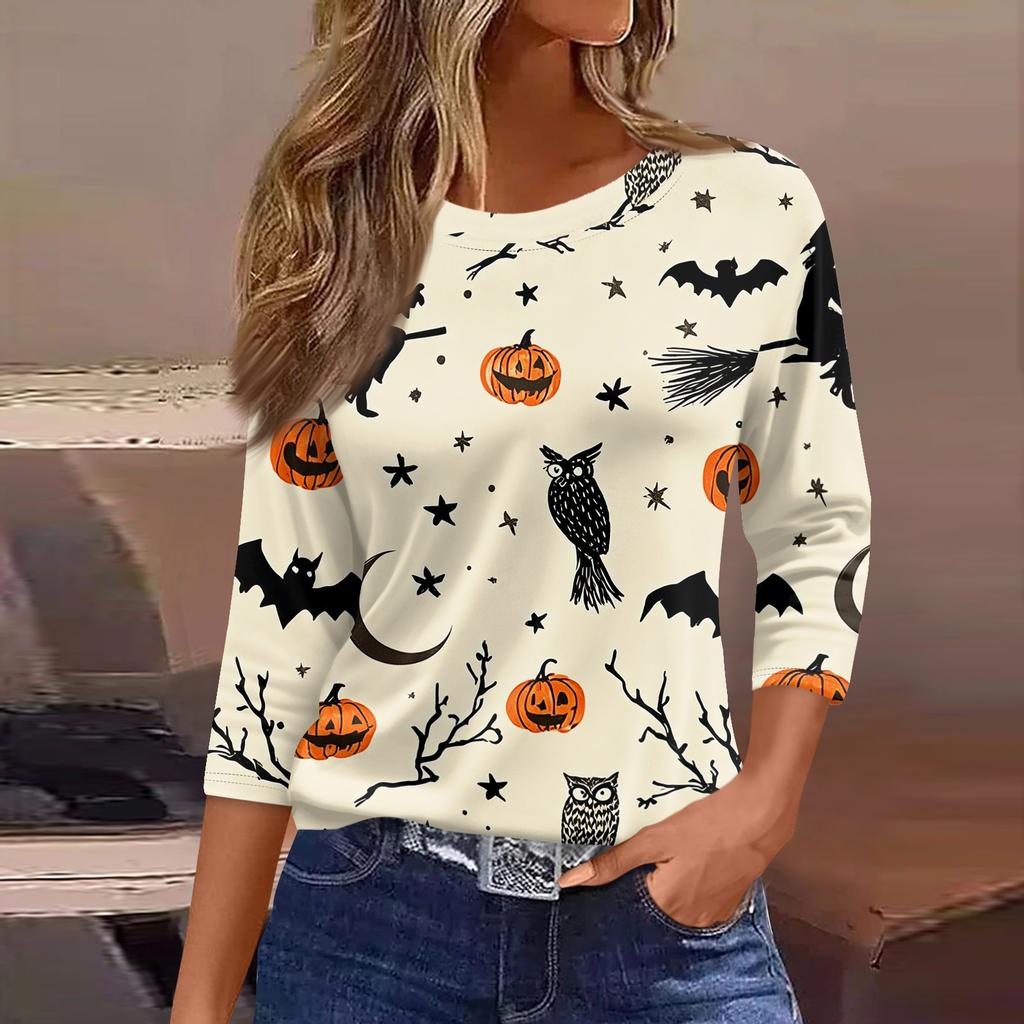 Women's Halloween Print 3/4 Sleeve Loose Fit Casual T-Shirt Round Neck Comfortable Top for Everyday Wear