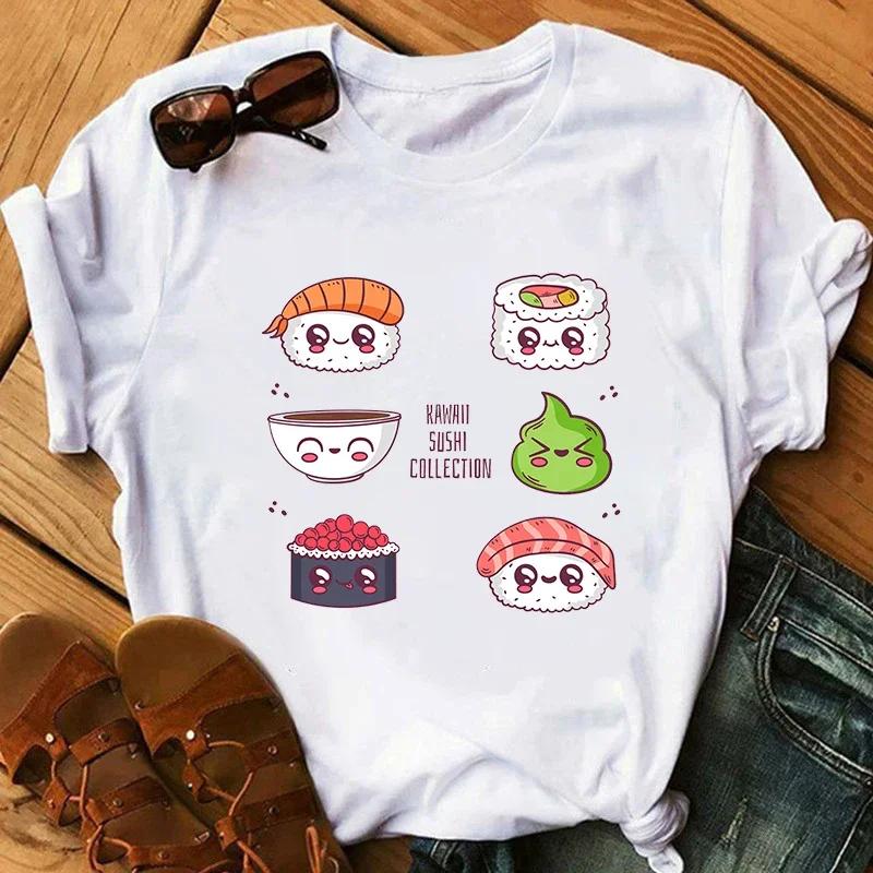 Cute Cartoon Sushi Pattern Printed Short Sleeved Round Neck Summer Top Casual Womens Tshirt
