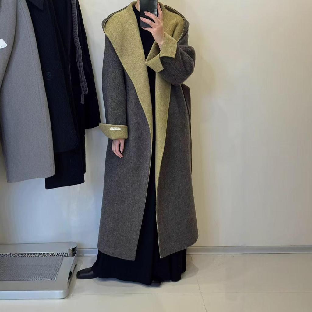 Extra langer Kapuzenmantel aus Wolle-Kaschmir für große Frauen - 2025 Herbst/Winter Koreanischer Stil