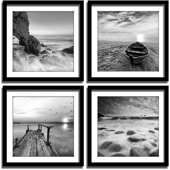 ENGLANT-4 Panels Set Framed Canvas Print for Seascape Beach and Boat Sunrise Scenery Black and White Giclee Canvas Print Wall Art Ready To Hang