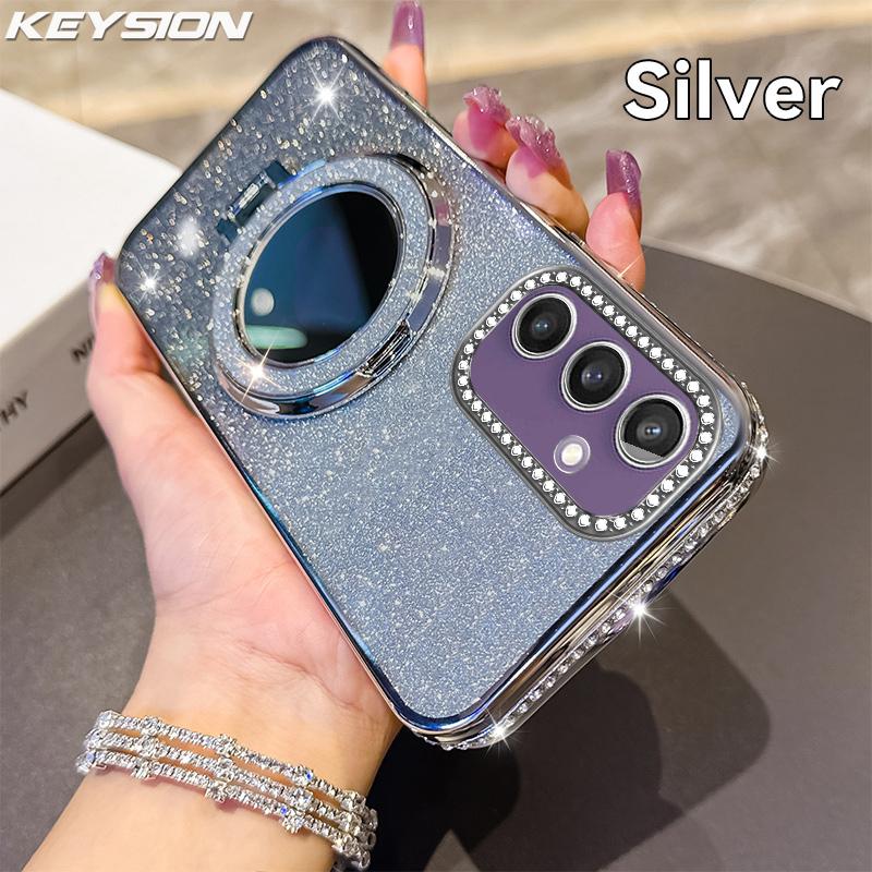 KEYSION Glitter Jewelled Magnetic Phone Case for Samsung Galaxy S25 Ultra 5G S24+ Plus S23 FE Makeup Mirror Stand Shockproof Cover