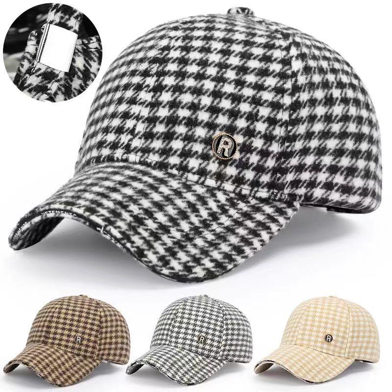 Women's Autumn/Winter Houndstooth Plaid Baseball Cap - Korean Style Fashion, Casual, Versatile, Outdoor Warm Hat.
