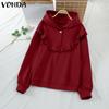 VONDA Women Long Sleeve Ruffled Solid Color Hooded Sweatshirts