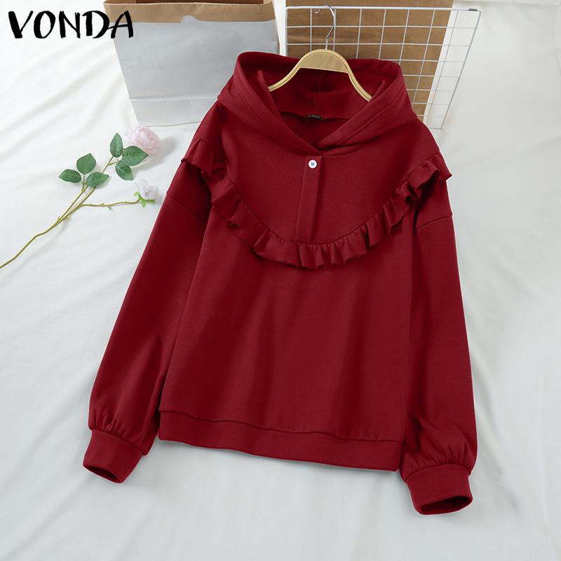 VONDA Women Long Sleeve Ruffled Solid Color Hooded Sweatshirts
