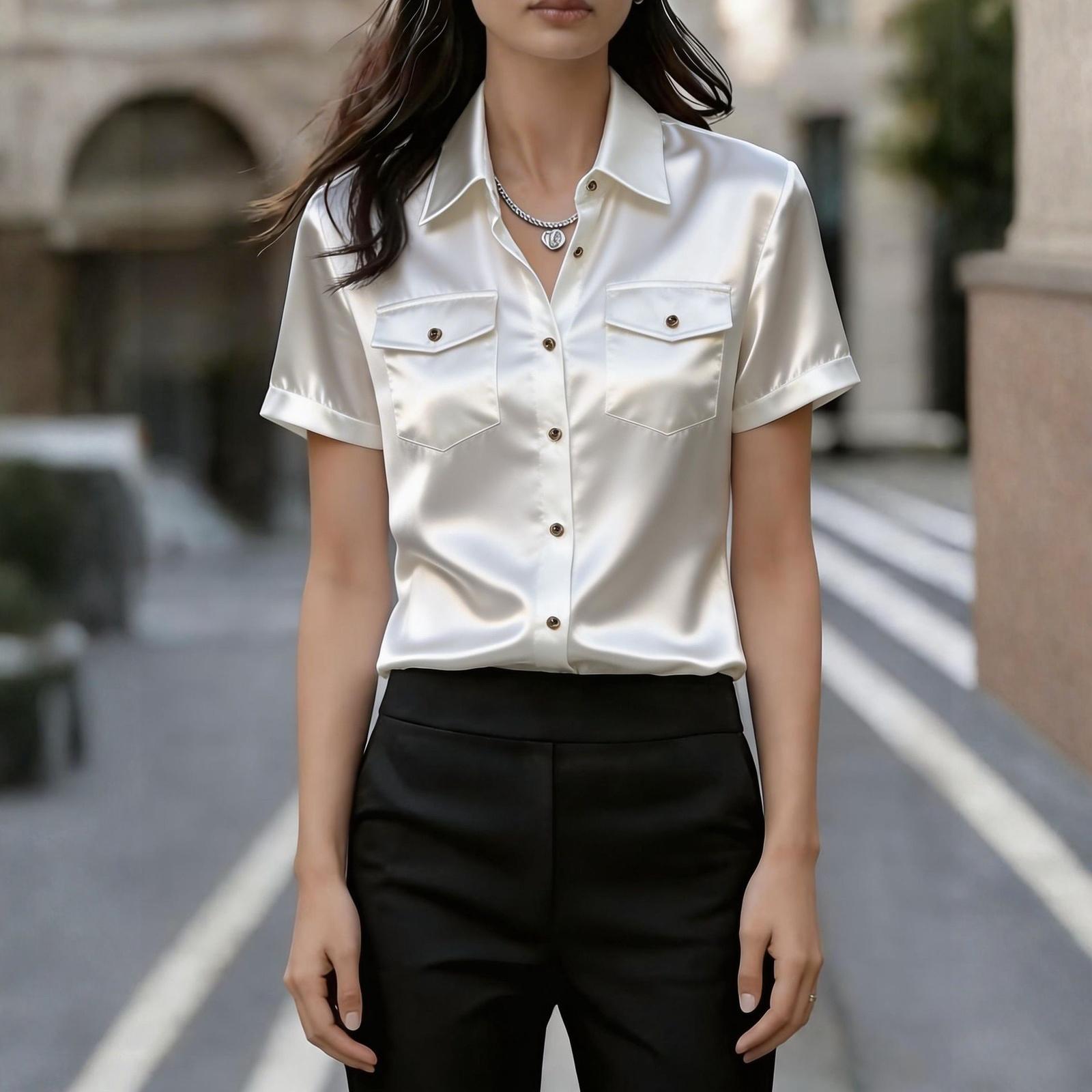 Women s Elegant Satin Short-Sleeve Blouse With Double Pockets S белый