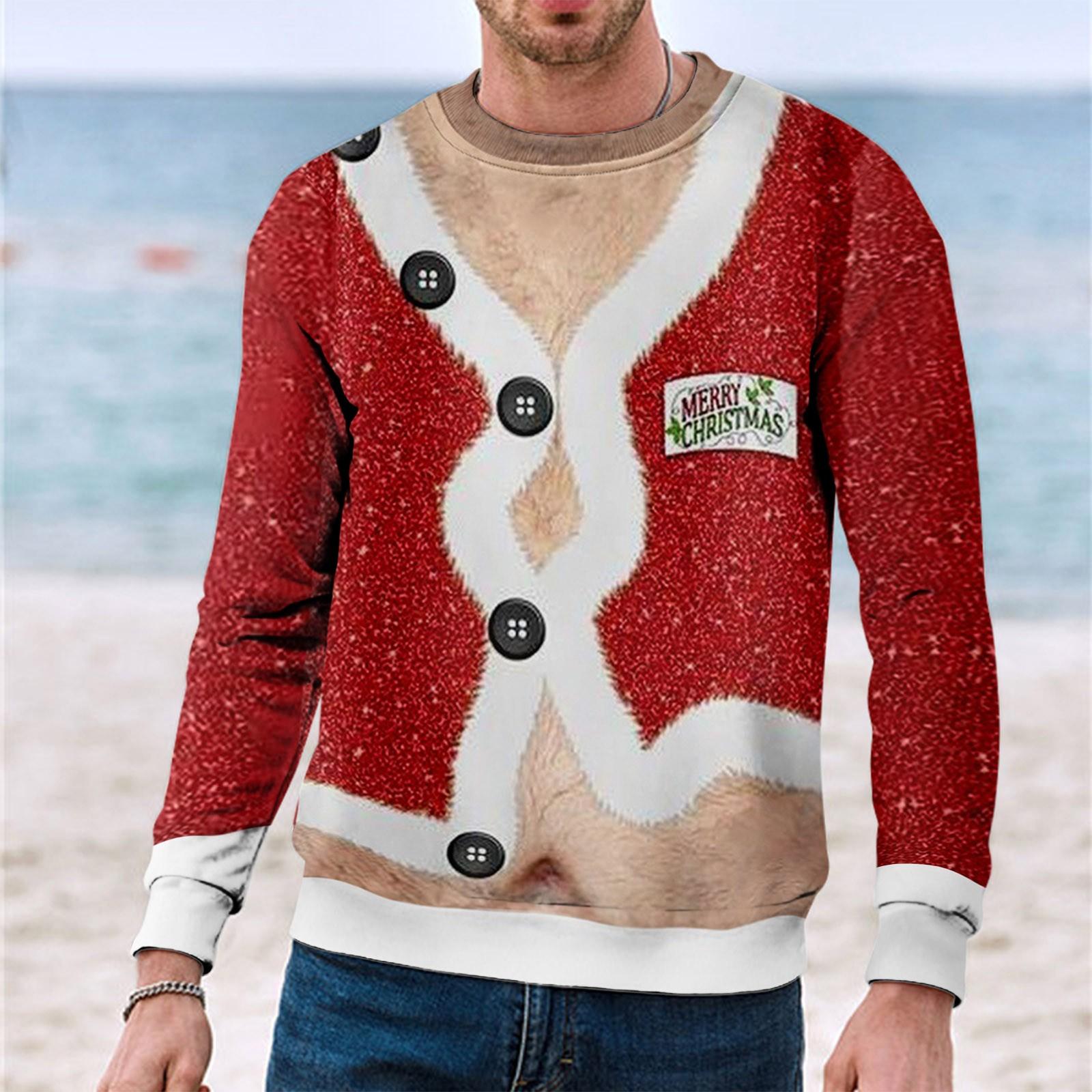 Christmas Chest 3D Print Long Sleeve Sweater Creative Couple Winter Round Neck Party Coat S розовый