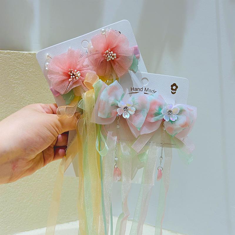 Podoabă de păr Hanfu de zână pentru copii: Clips de păr drăguț cu fundă, ciucure și panglică