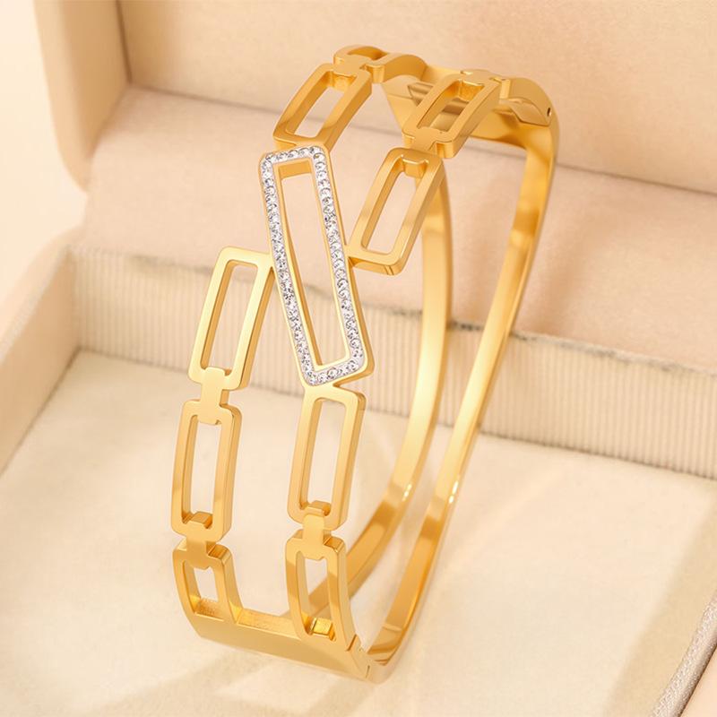 Fashionable Wide Version Hollow Square Titanium Steel Women’s Elegant Versatile Design and Temperament Bracelet One Size(16-22CM)