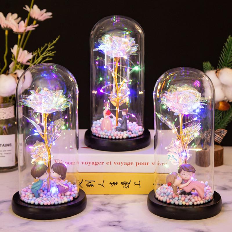 Gold Rose Glass Cover Ornament, Gold Leaf Flower LED Light Creative Christmas and Valentine's Day Gift