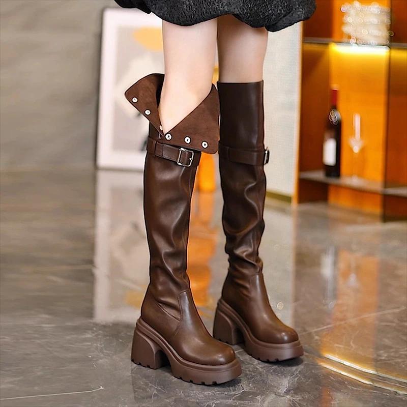Plattform Dame Over Kneet Høye Støvler Mote Slip On Belte Spenne Sko Høst Vinter Dames Tykk Hæl Lange Ankelstøvletter
