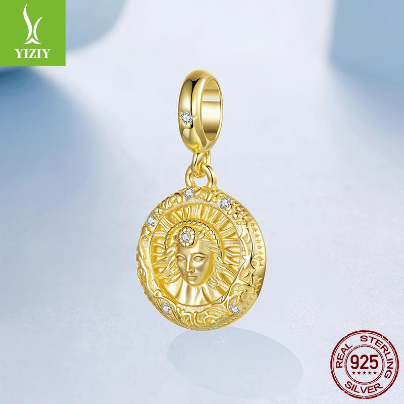 S925 Sterling Silver Plated Gold Sun Muse Pendant Accessories Brave Free Round Diy Beads