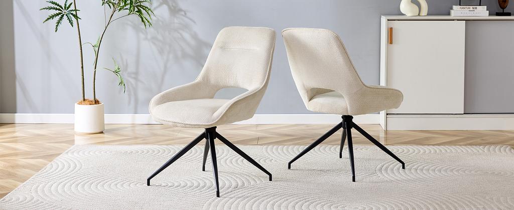 [Set of 2] 360° Swivel Dining Chair with White Fabric Cover: Black Lacquered Metal Frame with Four Legs, Suitable for Modern Dining Areas.