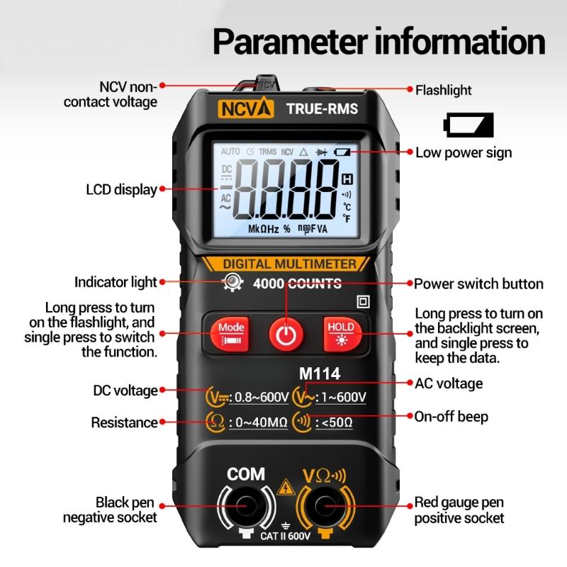 M114 4000 Counts Multimeter Digital Voltage Tester LCD Backlit Screen Multifunction NCV Resistance Testing Tool