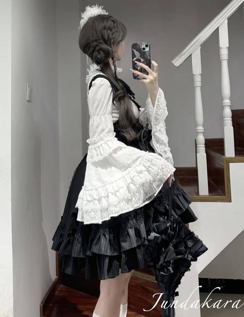 Jundakara Back Princess Sleeve Lolita Floral Puff Long Cute French Student Size L Women's Lace-Up Blouse, Stand-Up Collar, Style, Print, Lace,