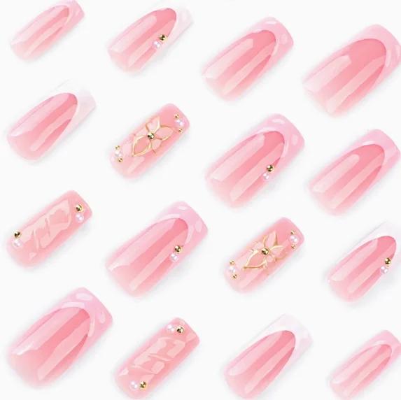 

24Pcs Mid-length Pink French Press On Nails, Full Cover Fake Nails with 3D Flower & Gold Pearl Decor for Women United States