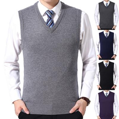 Men Casual Winter Solid Color V Neck Sleeveless Knitted Woolen Plus Size Vest