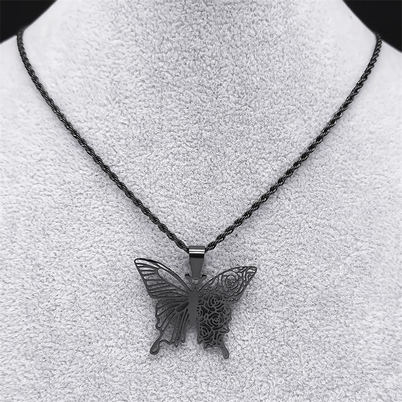 Gothic Black Butterfly Hollow Pendant Necklace for Women Men Stainless Steel Carving Flower Rose Insect Necklaces Jewelry N6121