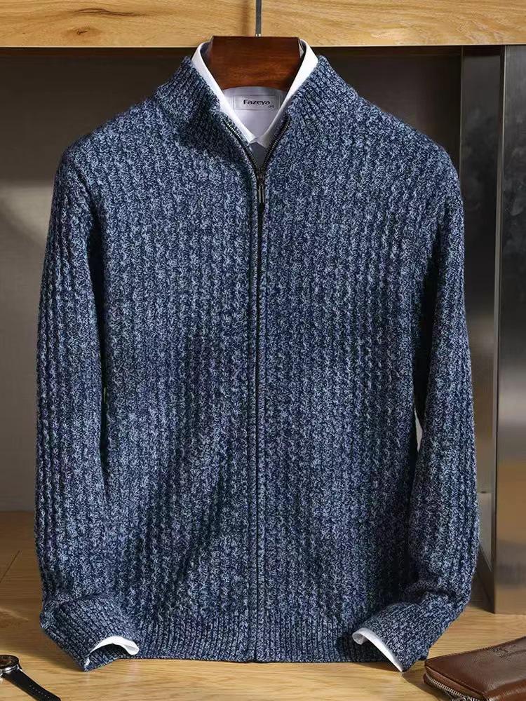 Men's Thickened Wool Knit Cardigan with Stand Collar Zipper Sweater