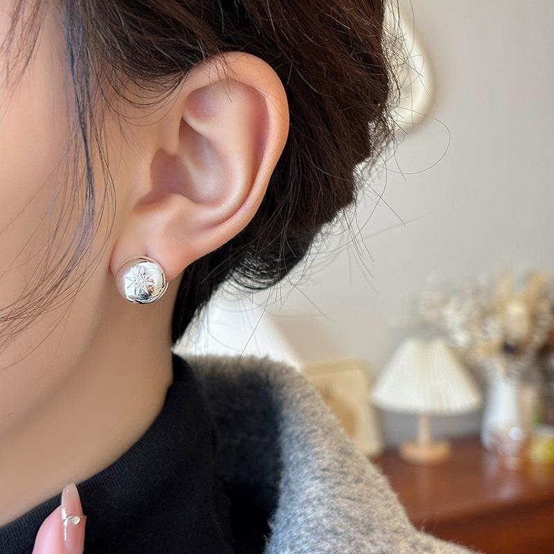 Metal Earrings, Round Ball Octagram Zircon Ear Buckles, Women's High-end Sense Light Luxury Niche Design Exaggerated Style Earrings