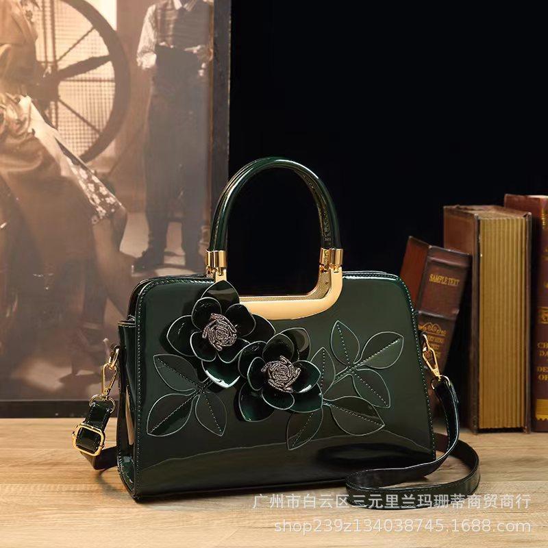 Solid Color Handmade 3D Embroidery Handbag Cross-Border Foreign Trade Exclusive Glossy Patent Leather Shoulder Tote Bag Crossbody Bag