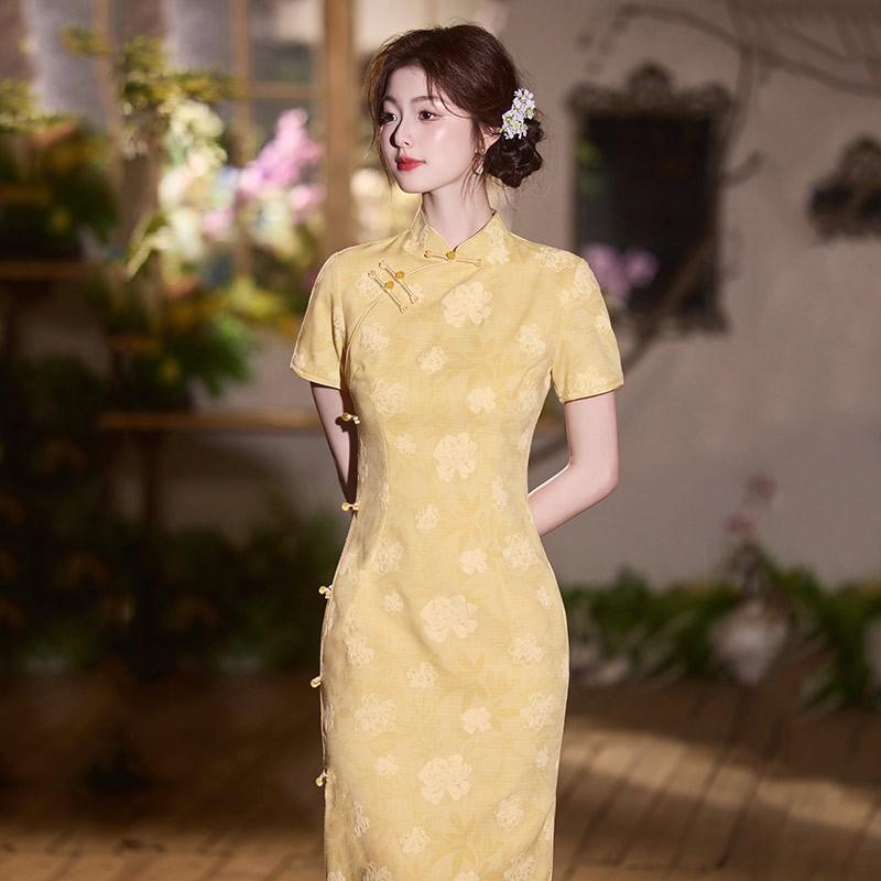 Yellow Vintage Chinese-Inspired Long Cheongsam Dress Women Short Sleeve Retro Daily Wear Bamboo Linen Blend