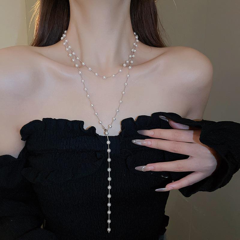 French Geometric Round Pearl Beaded Necklace Fashion Simple Court Style Necklace Light Luxury Premium Sweater Chain Women