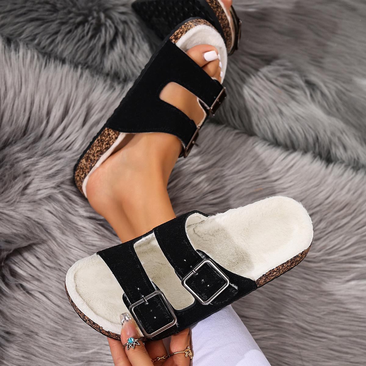 

Foreign trade double buckle Boken slippers women s large size 2025 summer new thick-bottomed velvet thermal cotton slippers women 43 чёрный