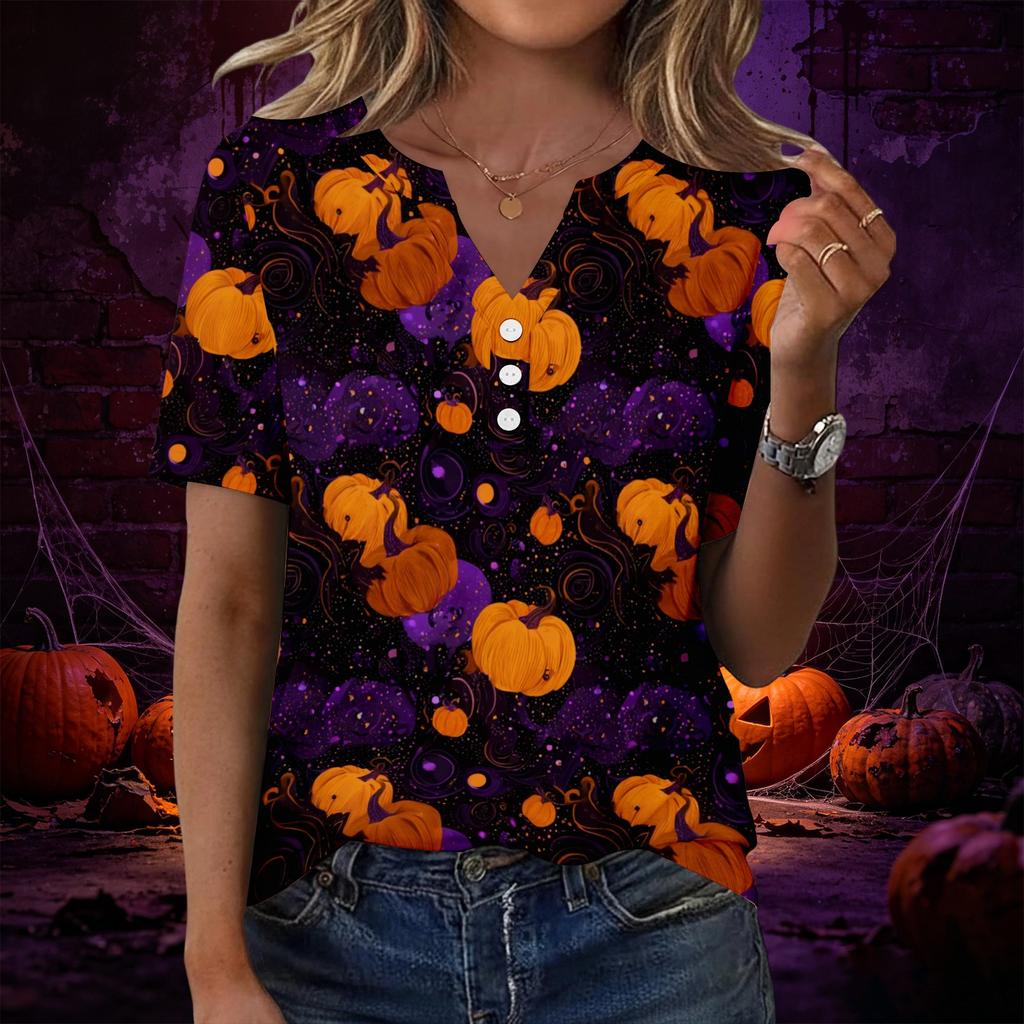 Women's Casual Halloween Print V Neck Short Sleeve Button Decor T Shirt Top Lightweight Comfortable Fit for Everyday Wear