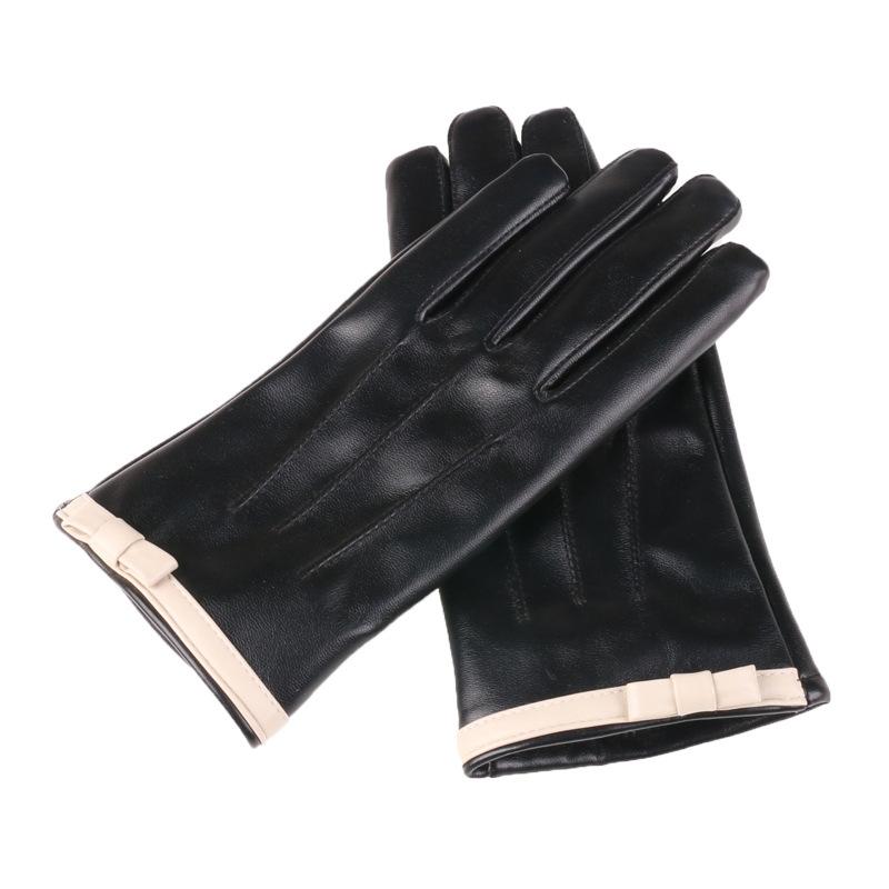 New Autumn and Winter Women's Leather Gloves for Warmth and Velvet Cold Protection Outdoor Fashionable Bows and Cold Touch Screen Leather Gloves