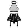 Womens Patent Leather Lingerie Set O-Ring Halter Backless Crop Top Built-in Thong Ruffle Miniskirt