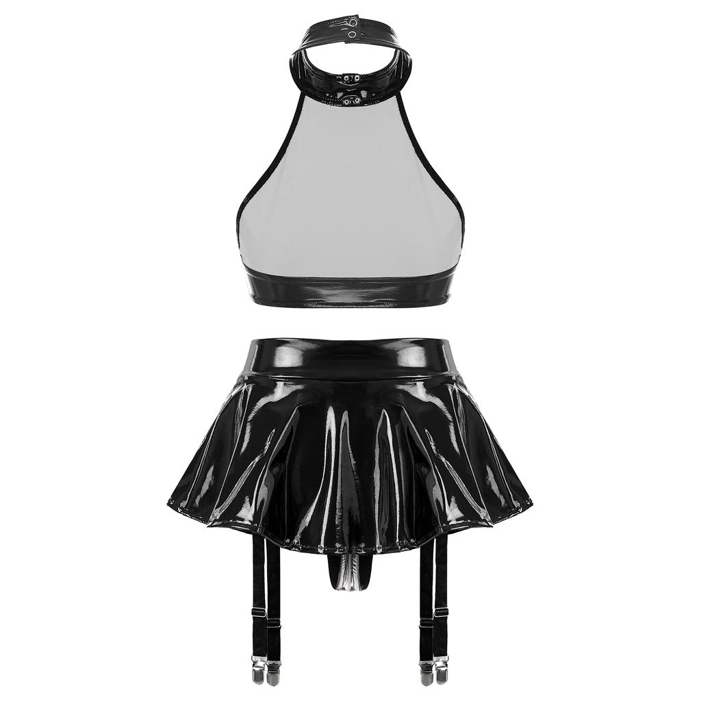 Womens Patent Leather Lingerie Set O-Ring Halter Backless Crop Top Built-in Thong Ruffle Miniskirt