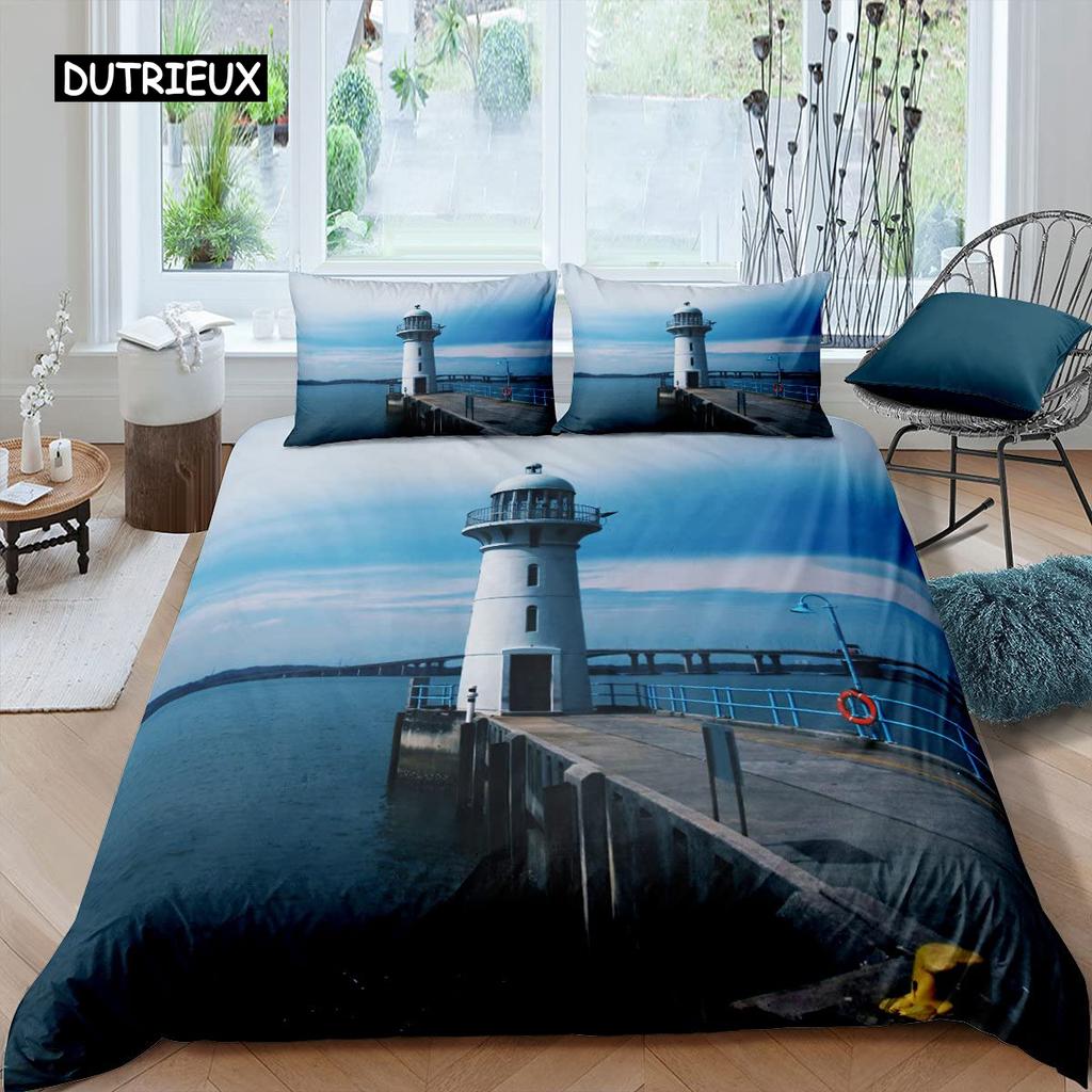 Lighthouse Duvet Cover Set Nautical Surfing Ocean Wave Bedding Set Queen Polyester Coastal Nature Theme Quilt Cover for Kids Boy