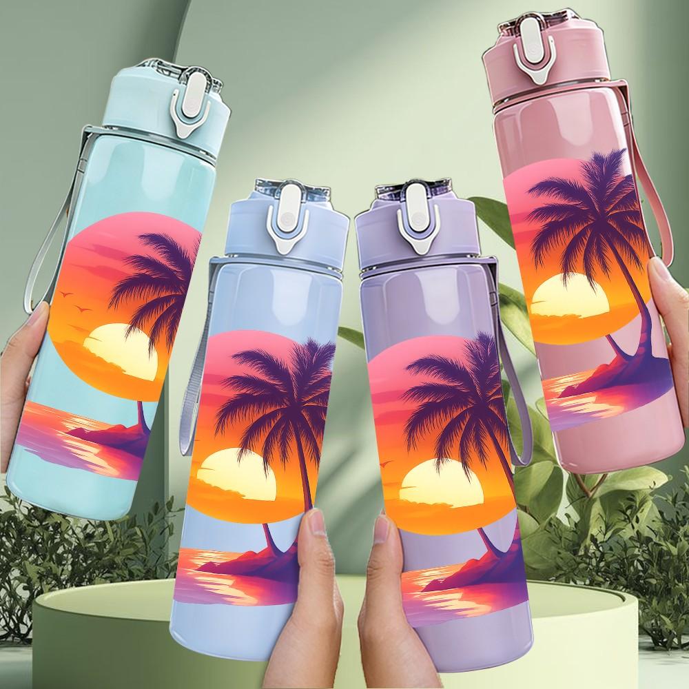 1PC Sunset Palm Beach Scene 750ml Color Plastic Sports Water Bottle Leakproof Flip Straw Lid Suitable for Sports Office Home Use