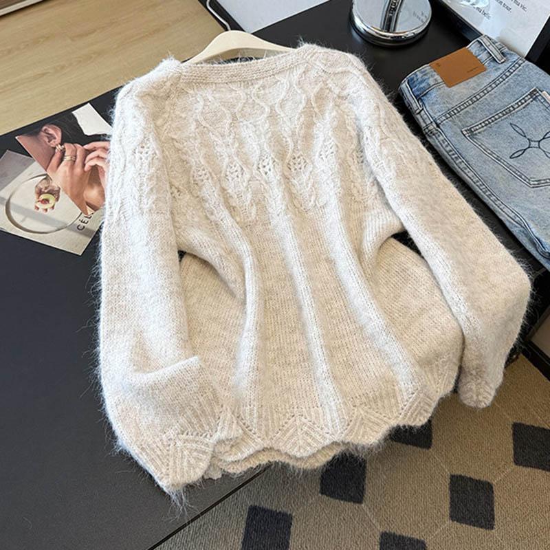Damen Herbst- und Winterpullover, Verdickt, Warm Gestrickt Dehnbar Langärmelig Übergroßes Oberteil