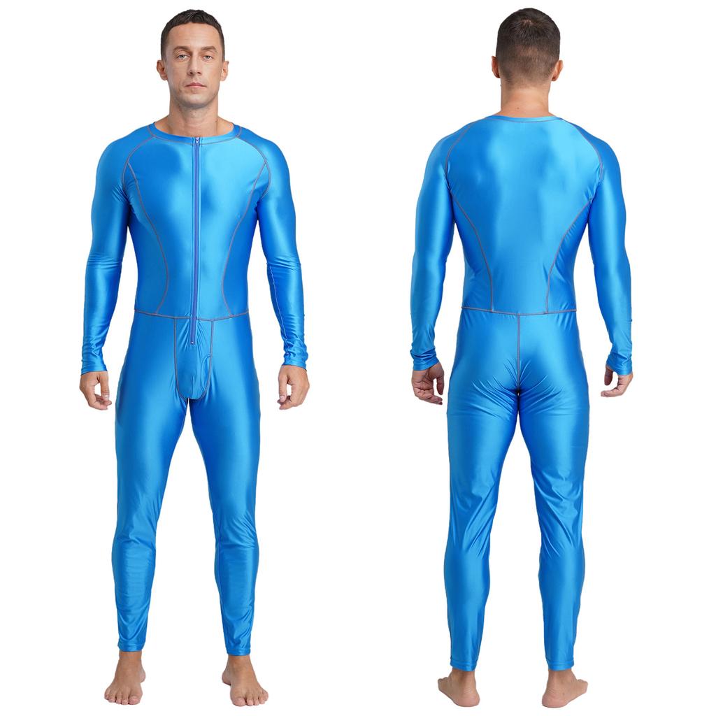 Men‘s Compression Swimwear & Gym Romper S-3XL: Shiny Long Sleeve Jumpsuit with Front Zipper, Flatlock Seams for Comfort